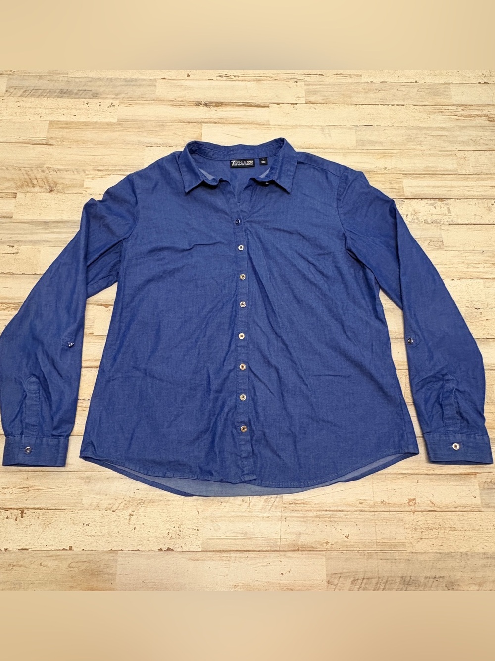 7th Avenue New York & Co. Chambray Button Down Blouse Size Large Blue Classic